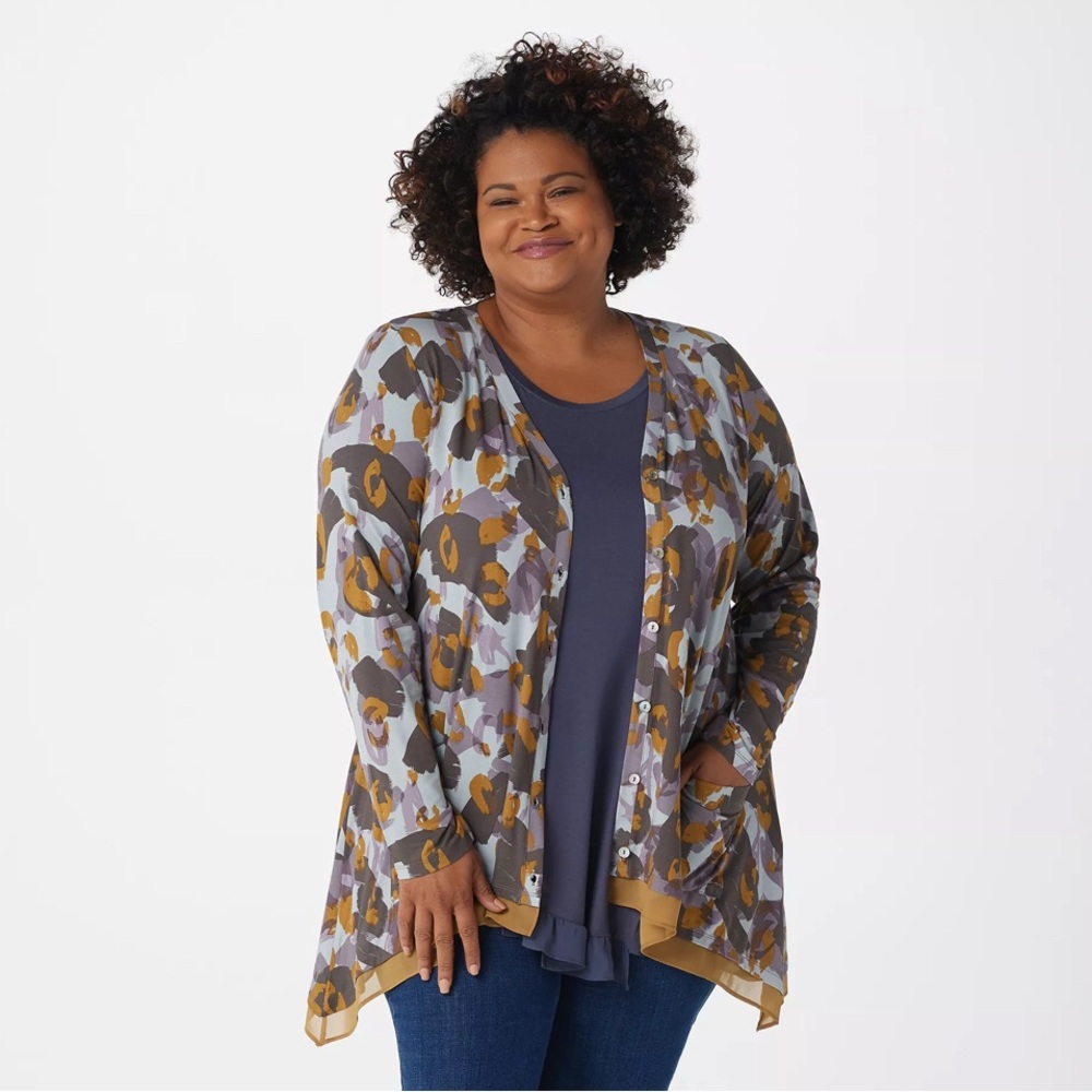 LOGO BY LORI GOLDSTEIN Printed Button-Front Knit Cardigan Size M